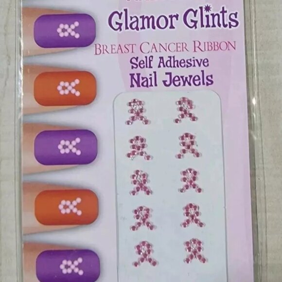 Set of 4 Breast Cancer Awareness Pink Ribbon Nail Art Jewels Glamor Glints - Picture 2 of 2